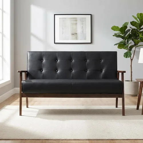 Vista 7 de 51" Black Faux Leather Mid Century Modern Loveseat for Living Room