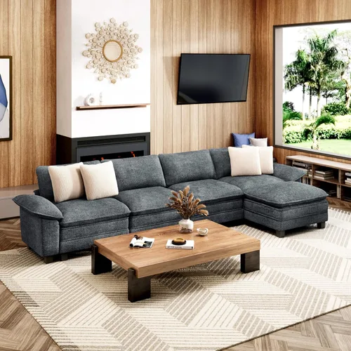 Vista 37 de Sofá seccional en forma de U de 123 pulgadas con cojines tipo nube, juego de sofá modular de asiento profundo con 5 asientos y 2 otomanos, brazos