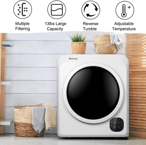 Vista 9 de COSTWAY Secadora eléctrica portátil de 1700W, secadora compacta de ropa de carga frontal con capacidad de 6 kg, tambor de acero inoxidable, panel