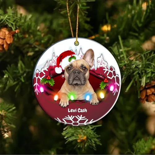Vista 4 de Adorno personalizado para árbol de Navidad de perro Bulldog francés, regalo para amantes de los perros, adorno de Navidad personalizado de bulldog