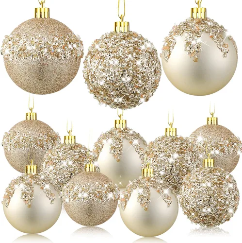 Vista 7 de Syhood 12 adornos de bolas de Navidad con purpurina y lentejuelas con diamantes de imitación, decoraciones de Navidad para colgar en árboles