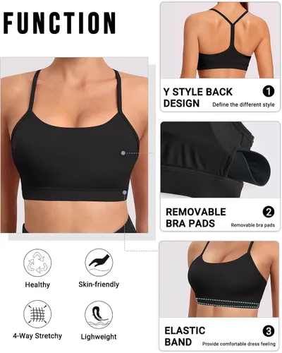 Vista 5 de Sujetadores deportivos acolchados con tirantes delgados para mujer, parte superior de entrenamiento de yoga y espalda en Y (paquete de 3)