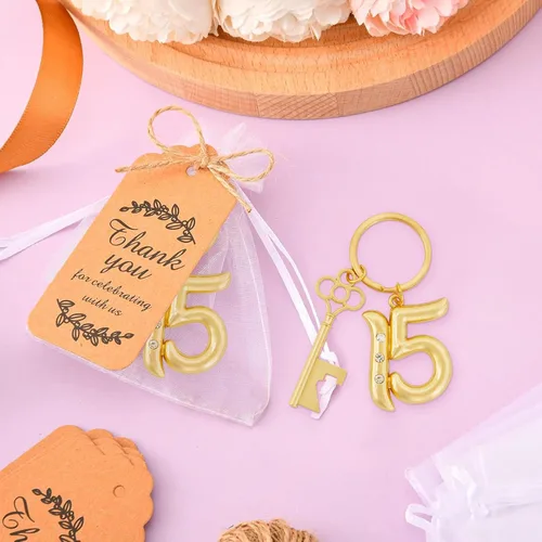 Vista 4 de 24 llaveros de Quinceañera para 15º Quinceañera, llavero a granel para fiesta de cumpleaños de 15, llavero de cerveza 15, abrebotellas, boda