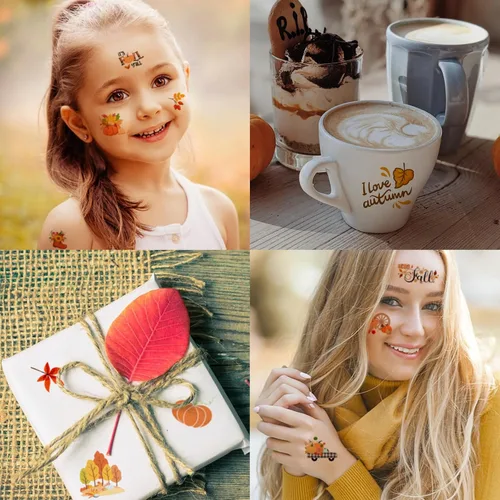 Vista 6 de 65 piezas de tatuajes temporales de otoño para niños, 12 hojas de cosecha de otoño, Acción de Gracias, calcomanías temporales de tatuaje
