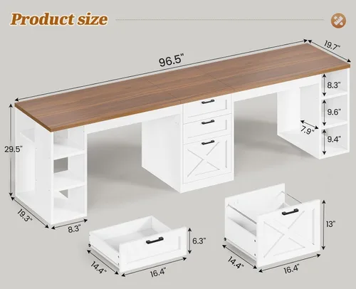 Vista 2 de SEDETA Farmhouse 96.5" 2 Person Computer Desk with Storage Drawers White and Brown
