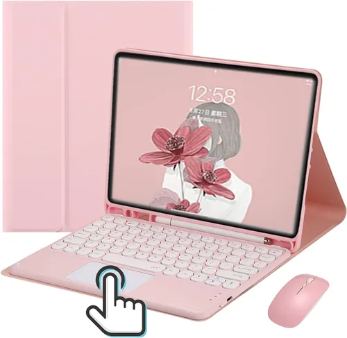 Vista 11 de Funda de teclado con panel táctil para iPad 6 iPad 5 Air 2 Pro de 9.7 pulgadas con teclado táctil retro de teclas redondas con ratón, teclado