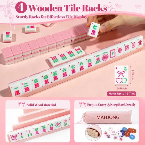 Vista 4 de American Mahjong Tile Set, 1.2 en 166 Pink Travel mah jongg juegos Rosa