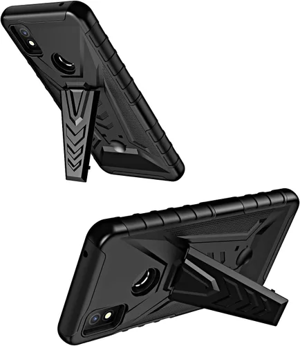 Vista 6 de Funda para Cricket Icon 4 con clip para cinturón de funda híbrida a prueba de golpes con soporte y pantalla de vidrio templado (negro)