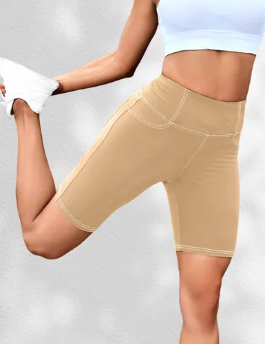 Vista 4 de VOOVEEYA Pantalones cortos de ciclismoyoga de cintura alta de 5"8" con bolsillos para mujer - Pantalones cortos de spandex para gimnasio que