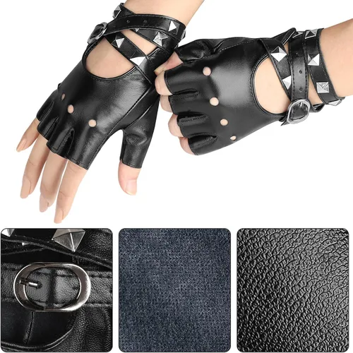 Vista 6 de Accmor Guantes de cuero punk, guantes sin dedos para mujeres, conducción, ciclismo, deportes, cosplay, rendimiento, guantes de medio dedo