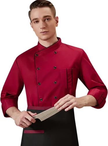 Vista 2 de XINFU Abrigo de chef unisex de manga largamanga corta con doble botonadura, uniforme de chef de cocina