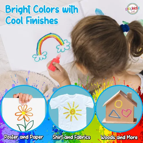 Vista 4 de Pintura de soplo, paquete de 6 pinturas para tela 3D, colores neón, permanente, no tóxica y lavable, juego de pintura para niños a partir de 3 años