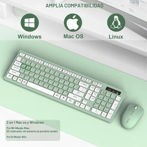 Vista 4 de Combo de teclado y mouse inalámbricos silencioso para oficina y hogar (verde aguacate) 2.4G Full Size Silent Cordless Keyboard with Tilt
