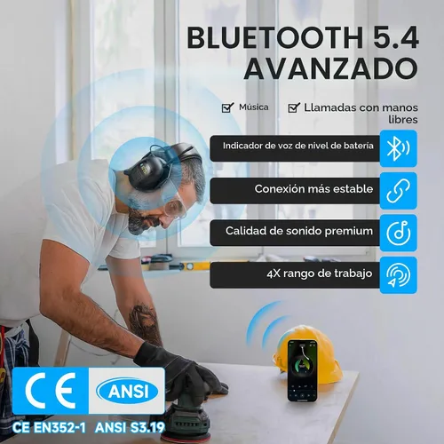 Vista 4 de Auriculares de protección auditiva con radio Bluetooth 5.4 AM/FM 2025 con pantalla digital retroiluminada/micrófono, tiempo de trabajo de 120 horas