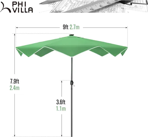 Vista 6 de PHI VILLA - Sombrillas de patio de 9 pies con 24 luces LED solares, sombrilla iluminada para mesa de mercado al aire libre con 8 varillas de acero