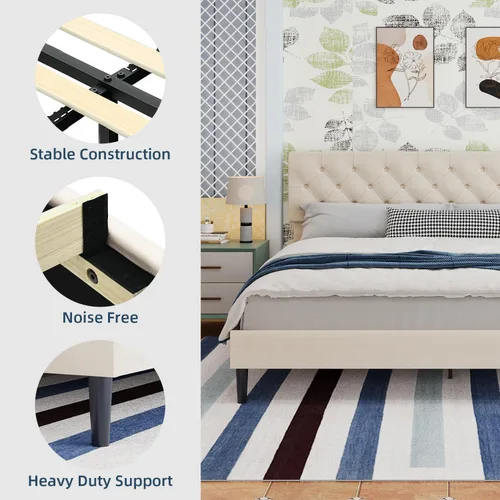 Vista 7 de BarnFurin Base de cama tamaño King, plataforma tapizada con cabecera capitoné con botones, marco de cama de tela con soporte de listones de madera