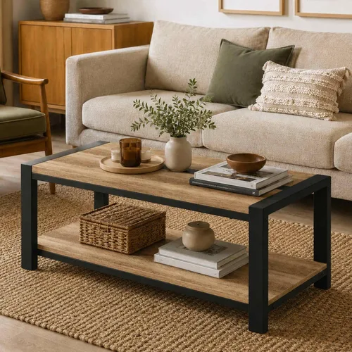 Vista 10 de BON AUGURE Mesa auxiliar para sala de estar, mesas industriales de madera y metal, mesa central rectangular de granja (roble rústico, 43 pulgadas)