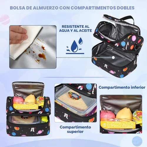 Vista 4 de Chase Chic Bolsa de almuerzo para niños, astronauta negro, poliéster, ligera, bien organizada, a prueba de fugas, 9.4x6.3x6.7 in