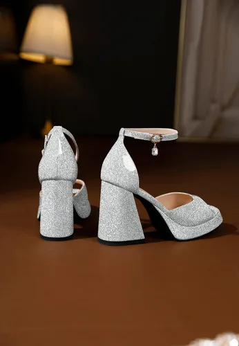 Vista 4 de Eldof Tacones gruesos de plataforma para mujer, sandalias de tacón abierto con correa al tobillo, tacones altos gruesos, zapatos de vestir