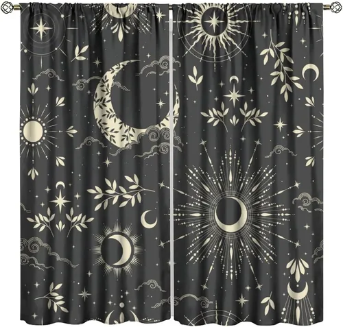 Vista 27 de Cortinas opacas con diseño de sol y luna, cuerpos celestes bohemios, con diseño de sol, luna y estrellas, para sala de estar, dormitorio, 42 x 45