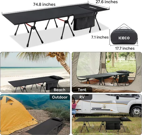 Vista 7 de ICECO Catre de campamento XL para adultos, cama portátil, cama plegable ultra estable, soporta 400 libras, ideal para tienda de campaña, al aire