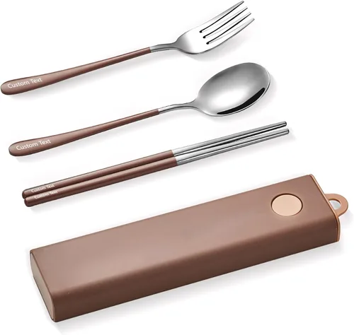 Vista 9 de Muka Juego de 3 utensilios portátiles personalizados, palillos de acero inoxidable, tenedor, cuchara de viaje con logotipo personalizado y nombre