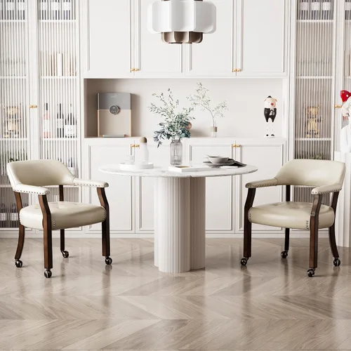 Vista 2 de LEEMTORIG Juego de 2 sillas de comedor con ruedas y brazo, sillas de comedor grandes con ruedas, silla de mesa de póquer de madera maciza, 26