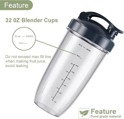 Vista 2 de Equust 5 vasos de 32 onzas con tapa abatible para llevar y cuchilla extractora compatibles con piezas de repuesto NutriBullet 600 w/900 w accesorio