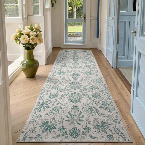 Vista 337 de jinchan Lima - Alfombra simétrica floral geométrica lavable, alfombra de entrada de medio círculo de 2 x 3, alfombra de media luna, suave y Azul