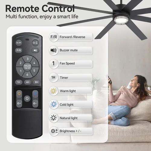 Vista 7 de Ventiladores de techo de 72 pulgadas con luces y control remoto, moderno ventilador de techo negro para sala de estar, patio, cocina, motor CC