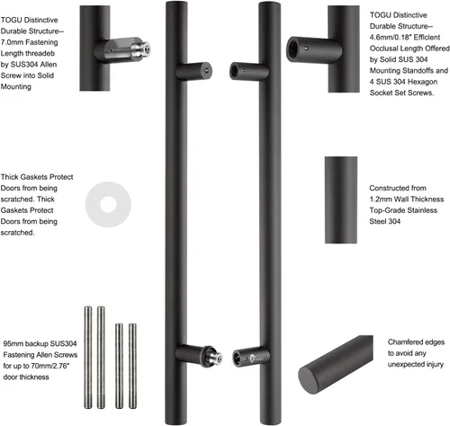 Vista 3 de TOGU TG-6012 - Manija de puerta de doble cara de 36 pulgadas, tirador de escalera de acero inoxidable SUS304 negro mate, resistente para vidrio