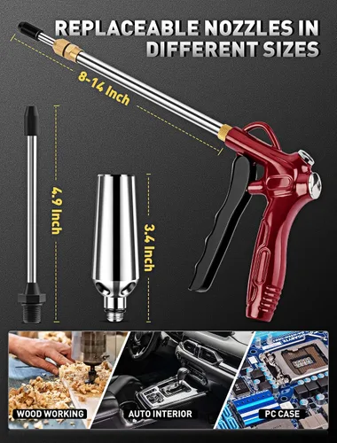 Vista 6 de Pistola de aire de alto flujo con extensión ajustable de 8 a 14 pulgadas, soplador de boquilla de aire rojo mejorado con potente boquilla Venturi