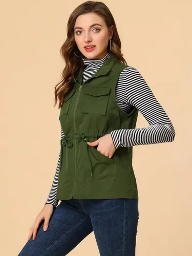 Vista 2 de Allegra K Chaleco de carga casual con cordón y cremallera para mujer