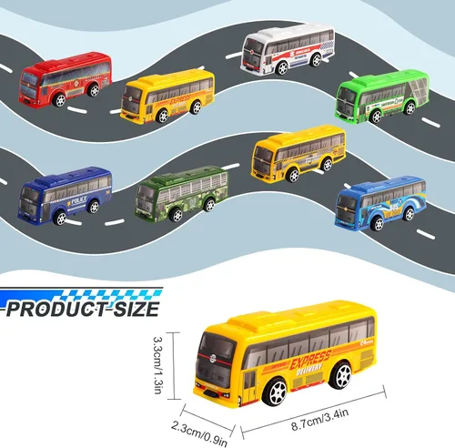 Vista 2 de Juego de 16 piezas de vehículos de autobús urbano con tracción trasera, mini autos para niños pequeños, vehículos de carreras impulsados por