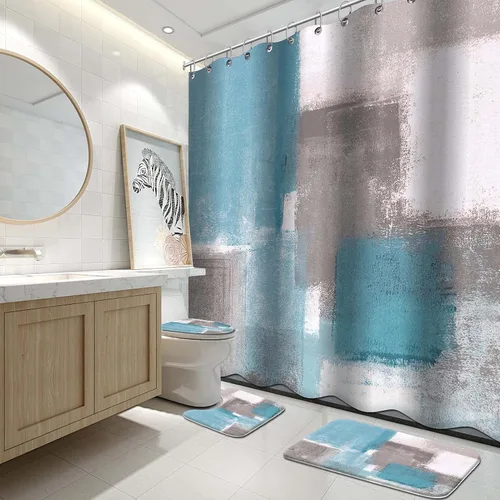 Vista 26 de Lnond 4 Piezas Juegos de Cortinas de Ducha de Baño Moradas con Alfombras, Arte de Pintura Púrpura y Gris Juegos de Baño con Cortina de Ducha
