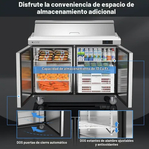 Vista 6 de Coolski mesa comercial para preparar sándwiches y ensaladas, refrigerador comercial de 48 pulgadas con 2 puertas y 12 bandejas, refrigerador