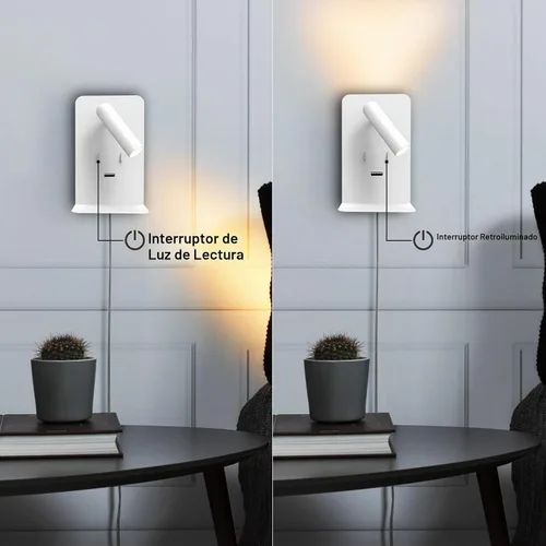 Vista 5 de ZEROUNO Lámpara de pared para dormitorio, luz de lectura montada en la pared, apliques de cabecera LED con interruptor Puerto USB Lámparas de Blanco