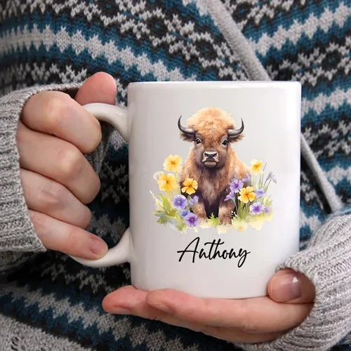 Vista 5 de Taza de café de bisonte personalizada de 11 onzas y 15 onzas, taza de té blanca de bisonte bebé, regalos para niñas, niños, niñas, niños, mejores
