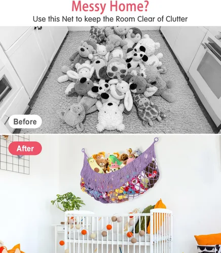 Vista 2 de Hamaca extra grande de red para animales de peluche – [56 pulgadas de largo/macramé tejido a mano/lavanda] Hamaca de almacenamiento para pared