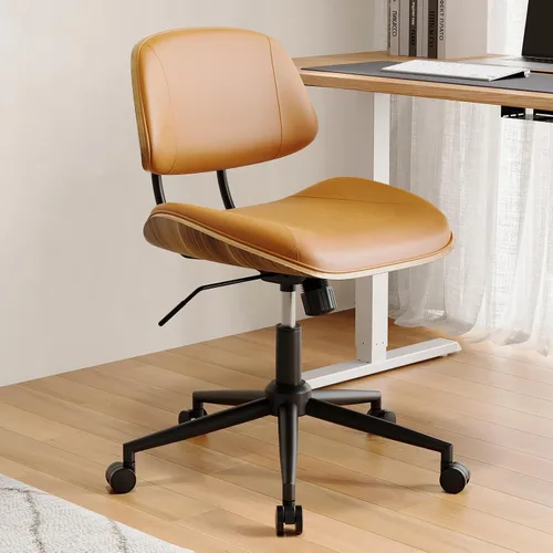 Vista 9 de Silla de Oficina sin Brazos con Ruedas, Silla de Escritorio de Cuero PU de Altura Ajustable - Silla de Computadora Ergonómica Giratoria de 360°
