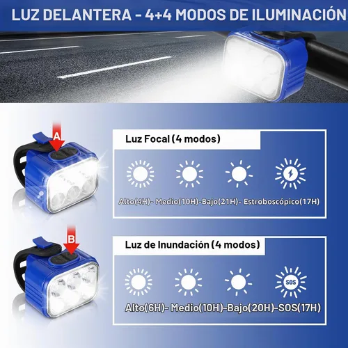 Vista 4 de WORKPRO Juego de 4 luces de bicicleta [8+13 modos], combo de faros delanteros y traseros de bicicleta recargable, ultra brillante, juego de luces