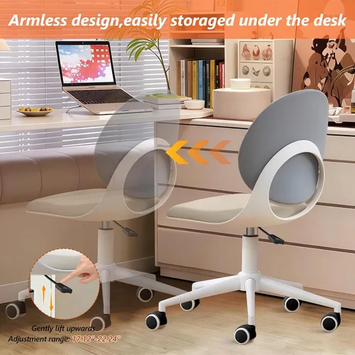 Vista 5 de Silla moderna de oficina en casa, silla de escritorio de tela de piel sintética sin brazos con respaldo medio, silla giratoria de altura ajustable