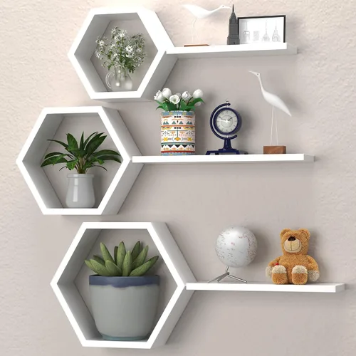 Vista 9 de Estantes hexagonales flotantes geométricos de panal – Estantes flotantes hexagonales montados en la pared, estantes de pared de panal juego de 6