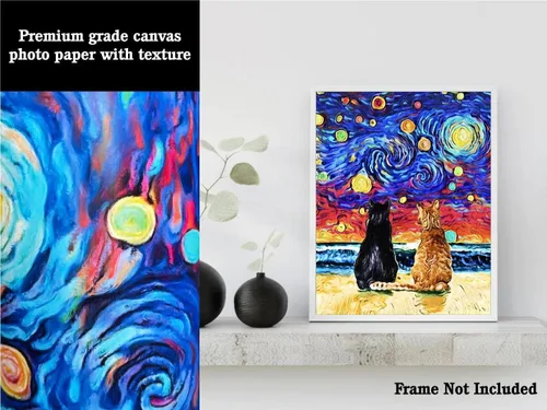 Vista 3 de Bestbuddy Pet 8 x 10 sin marco noche estrellada inspirada gato pareja animales amante familia paz amor pintura al óleo impresión arte impresión