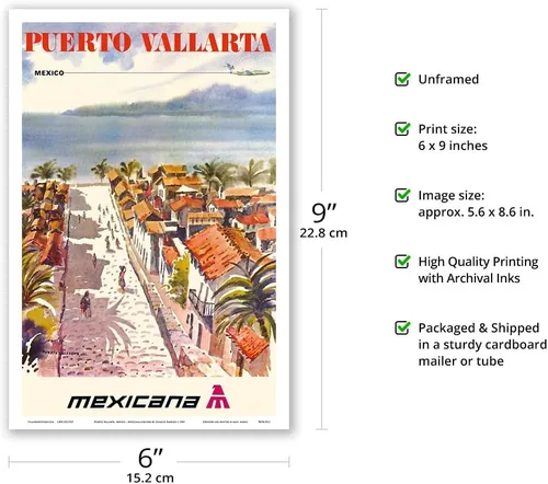 Vista 2 de Puerto Vallarta Mexico - Mexicana Airlines (CMA-Compañía Mexicana de Aviación) - Póster vintage de viaje de aerolínea por Ignacio Barrios c.1969