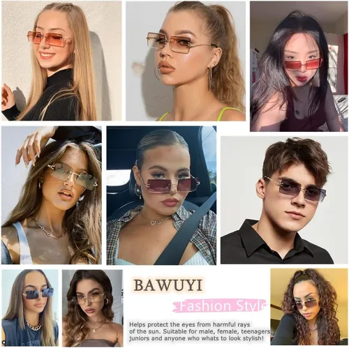 Vista 5 de BAWUYI Gafas de sol rectangulares sin montura de los años 90 y 2000 para mujeres y hombres, accesorios Y2K, vintage, retro, sin marco, gafas