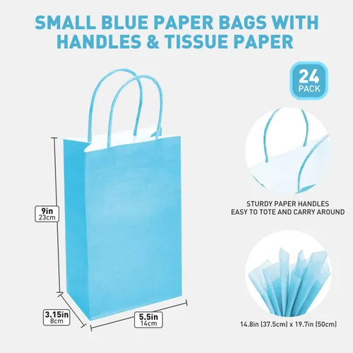 Vista 3 de DjinnGlory Paquete de 24 pequeñas bolsas de regalo de papel azul con asas de 9 x 5.5 x 3.15 pulgadas y 24 papel de regalo de seda para negocios