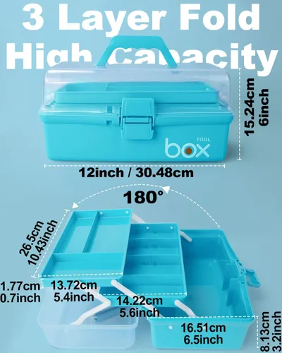 Vista 2 de TERGOO Organizadores y Almacenamiento de Manualidades de Plástico de 3 Capas de 12 Pulgadas, Caja de Aparejos Plegable Portátil con Asa y Divisores