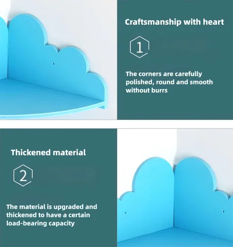Vista 3 de Cloud - Juego de 3 estantes de pared para colgar en la esquina, estante para libros de guardería, diseño festoneado, hoja segura y no tóxica, fondo