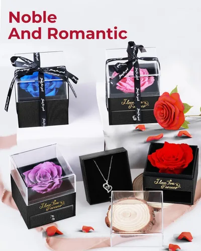 Vista 3 de Rosa preservada con collar – Caja de flores eternas para siempre – Rosa real infinita regalos para mujeres: mamá, madre, esposa, novia y ella
